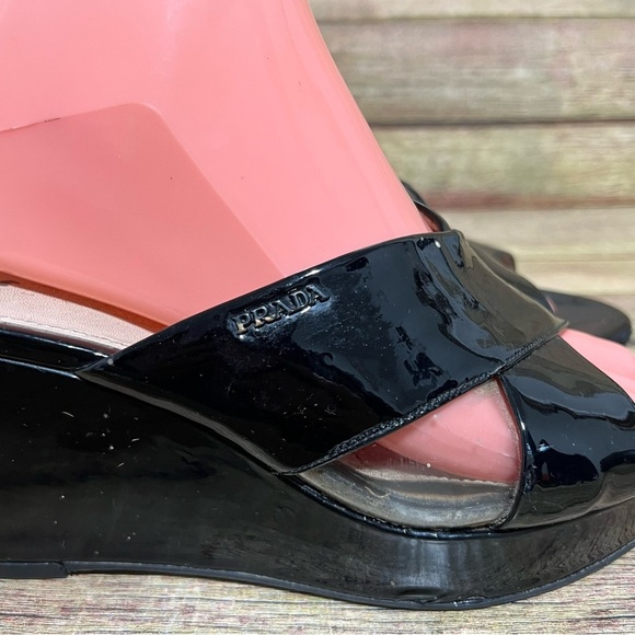 Prada Black Patent Leather Platform Wedge Sandals - Picture 4 of 9